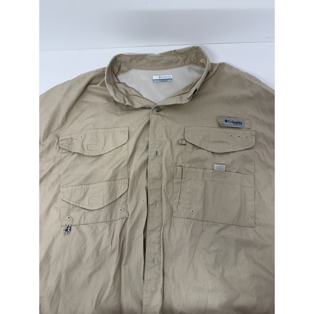 Columbia PFG Men's XL Fishing Shirt Khaki Beige Short Sleeve Vented Mesh